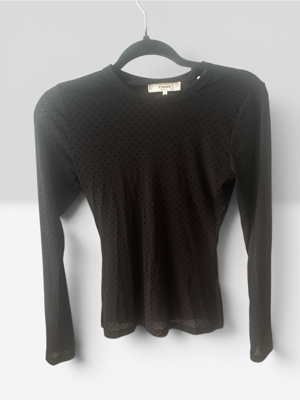 FRAME The Mesh Polka Dot Long Sleeve Black Top Sheer Slim Fit XS